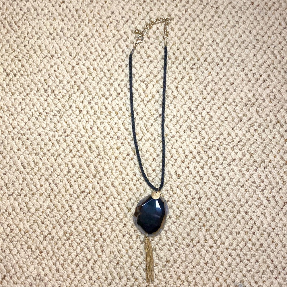 Statement necklace - Natural black polished stone - black cord w/ gold chain.